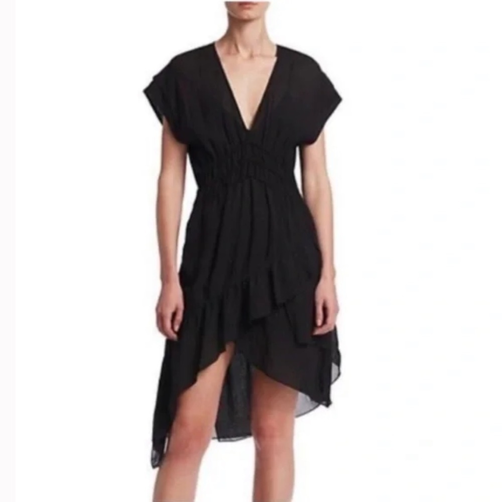 IRO Dress Black Pleated Accents Short Sleeve with V-Neck Size M Sheer